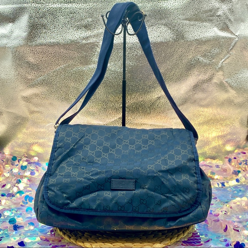 GUCCI GG MONOGRAM NAVY LOGO NYLON MESSENGER DIAPER CROSSBODY SHOULDER LARGE BAG